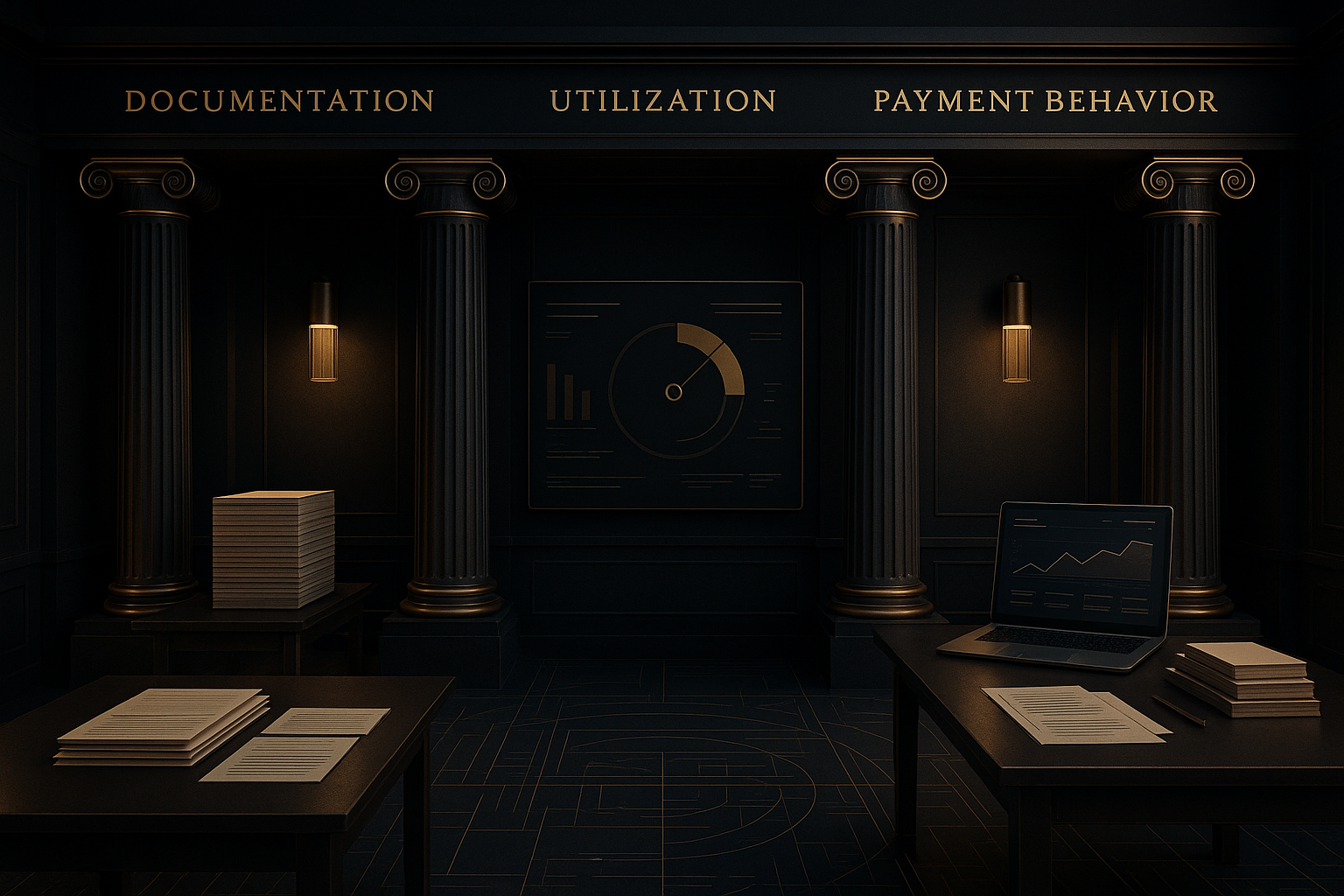 Abstract black and gold financial infrastructure visual representing organized credit readiness and capital preparation.